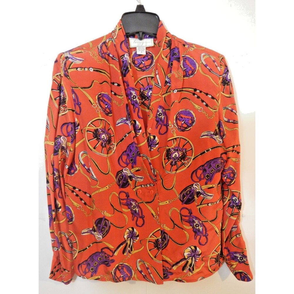 Spenser Jeremy 100% Silk Blouse Size 8 Red Equestrian Chain Print Vintage